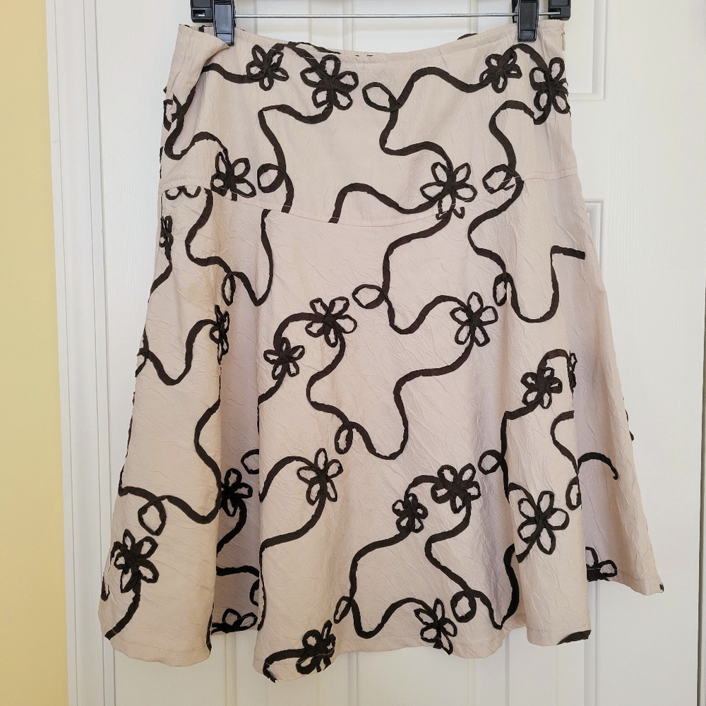 Abstract Doodle Textured Beige Brown Flower Pattern Fit & Flare A Line Skirt M